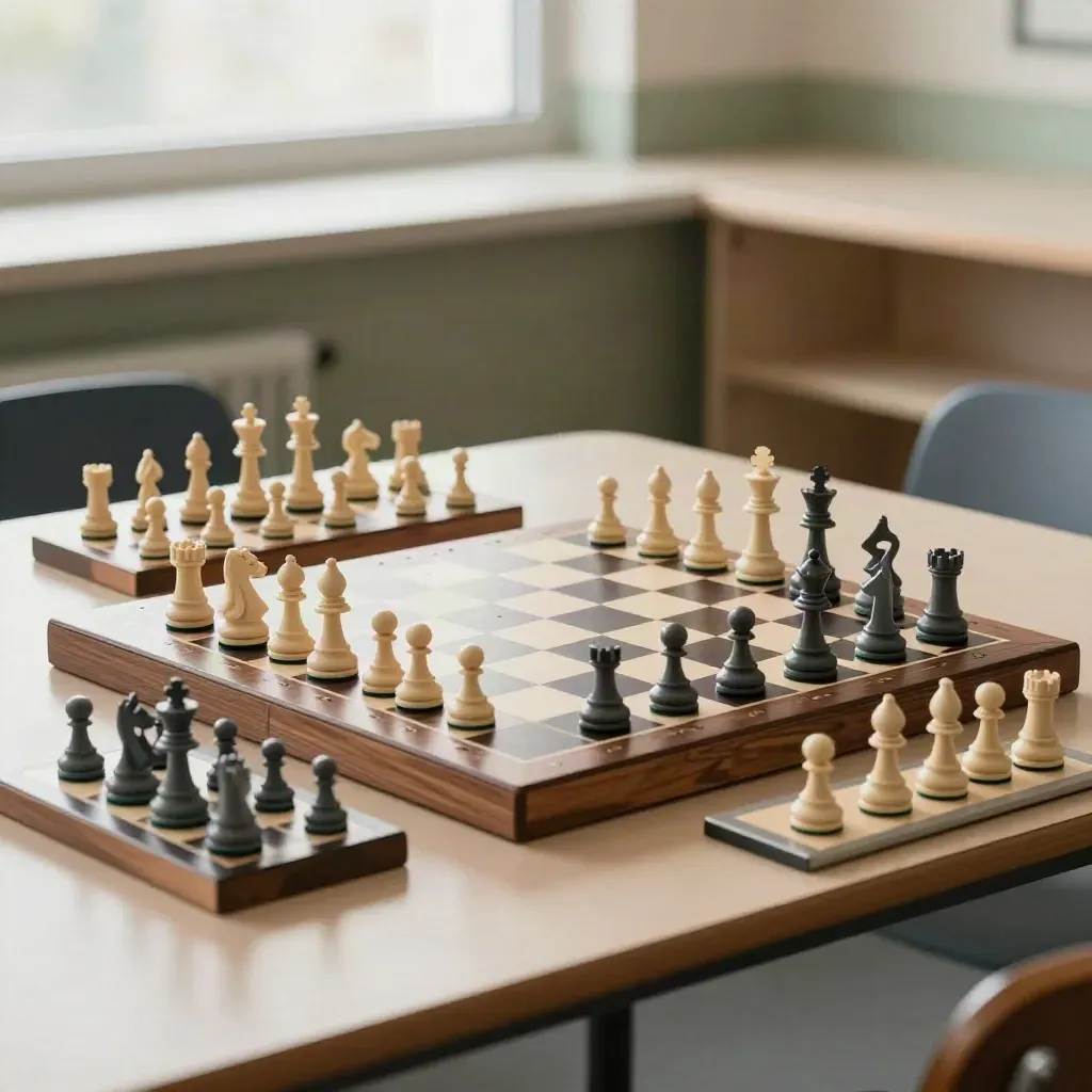 Chess workshop boards showing opening, middlegame, and endgame positions in a moody classroom setup.