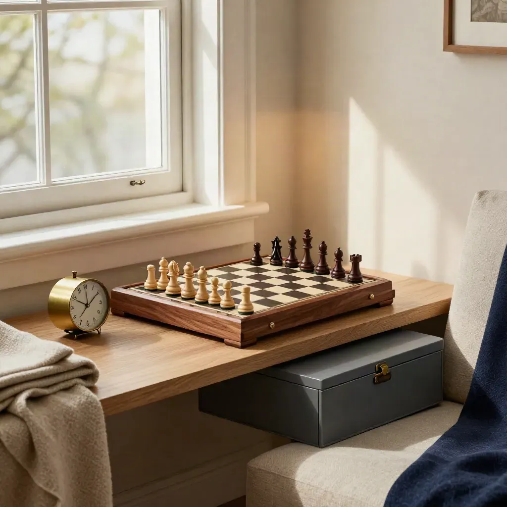 Open travel chess set beside a clock and storage case in a warm home study corner.