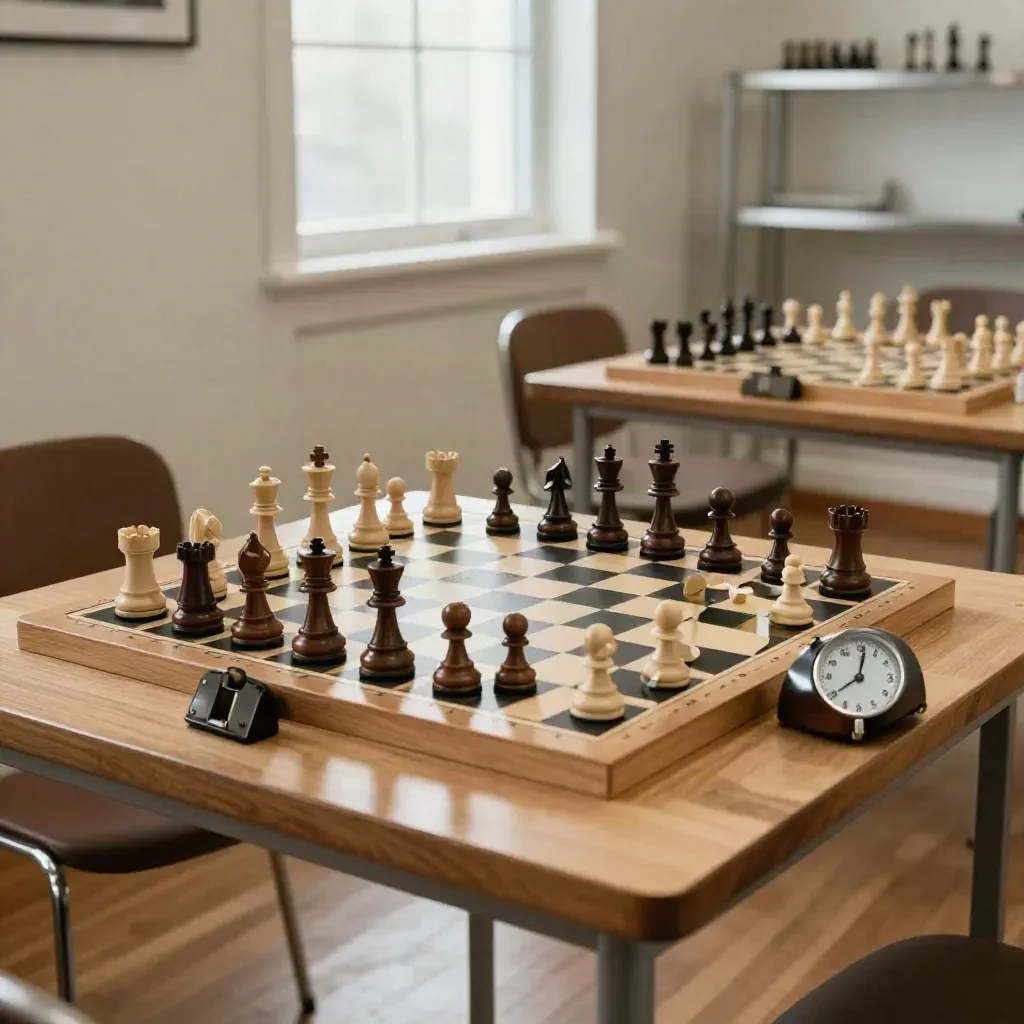 Tournament chess board, clock, trays, and a second board in a quiet prep room, softly lit.