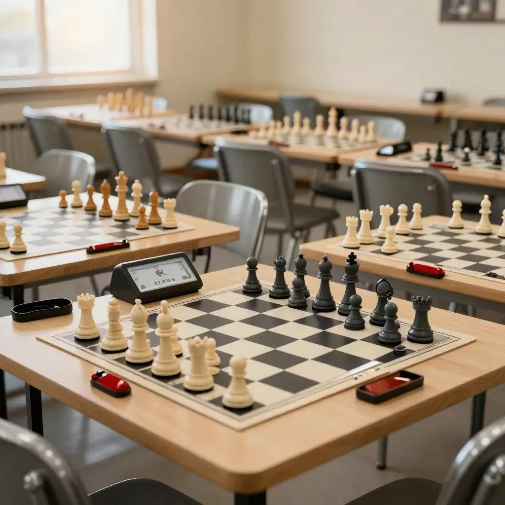 Rows of chess boards and clocks in a Calgary club hall, frozen at the start of play.
