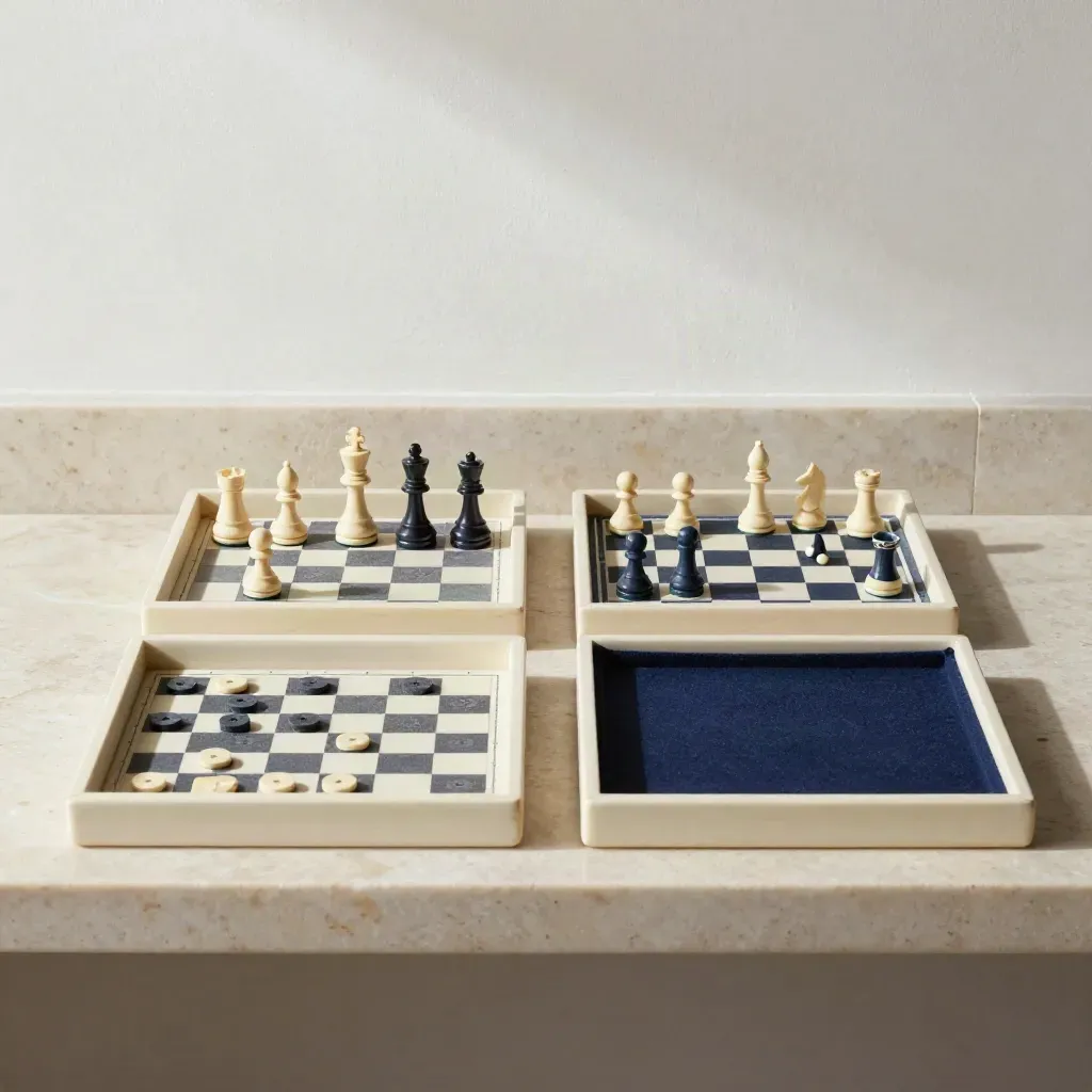 Four chess-piece trays on a stone shelf, arranged in a square under soft daylight