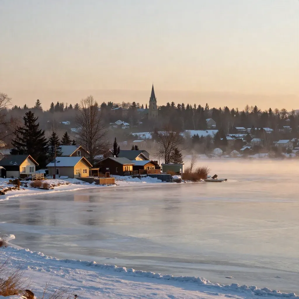 South Calgary lake edge at golden hour with frozen water, quiet houses, and a distant church spire.