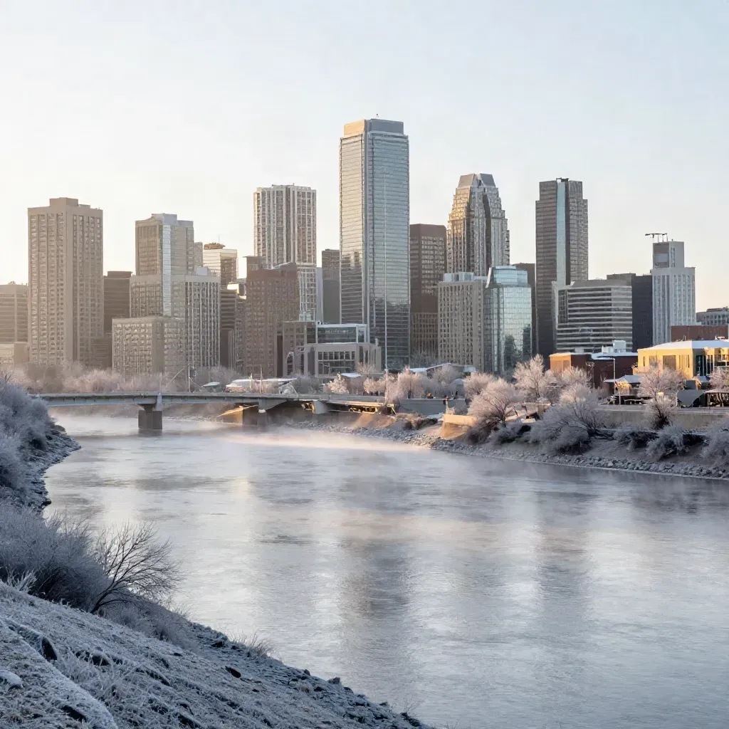 Calgary skyline over the Bow River in winter haze at first light.
